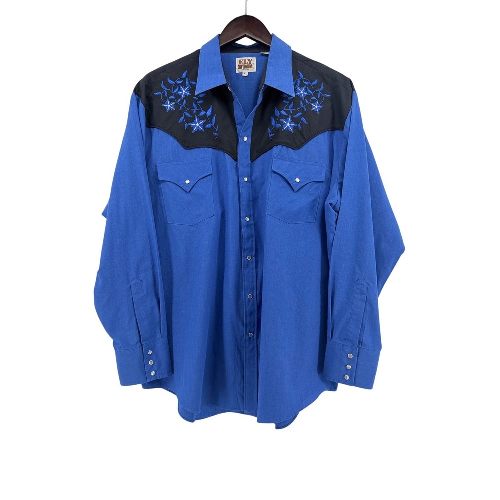 Ely Cattleman Mens XL Western Snap Shirt Blue Black Floral Embroidered Yoke